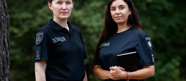 Mid shot two female police officers